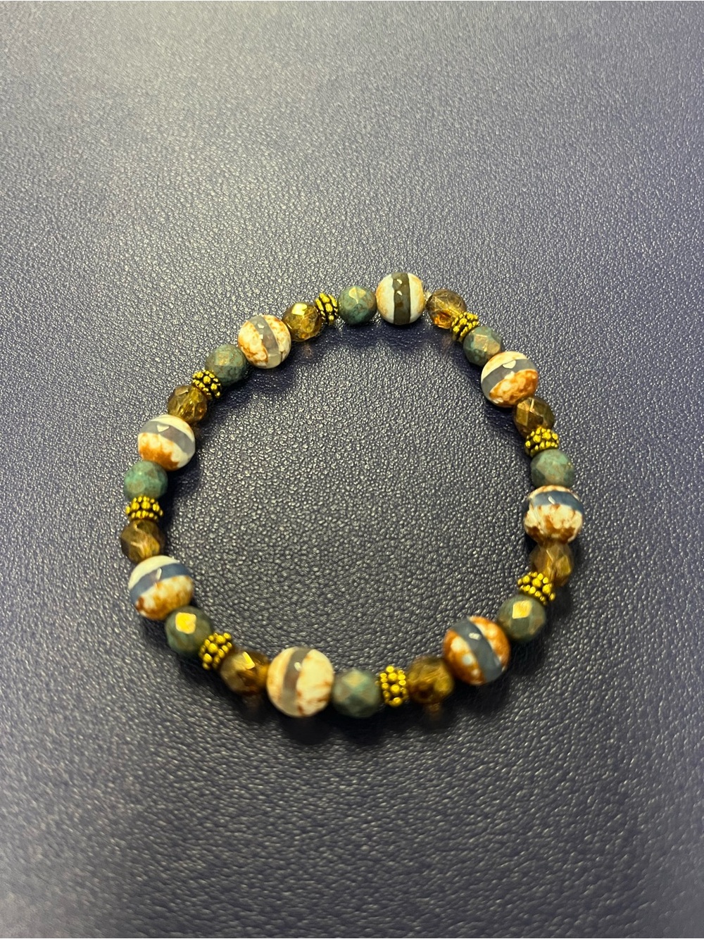 Hand Crafted smoky blue and whiskey colored Earthtone Beaded Stretch Bracelet